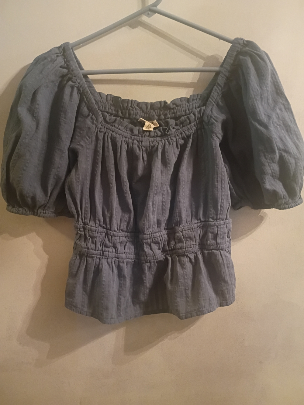a.n.a Slate Blue Puff Sleeve Smocked Peasant Top